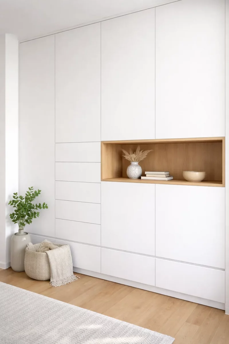 Meuble de rangement fonctionnel, blanc et bois