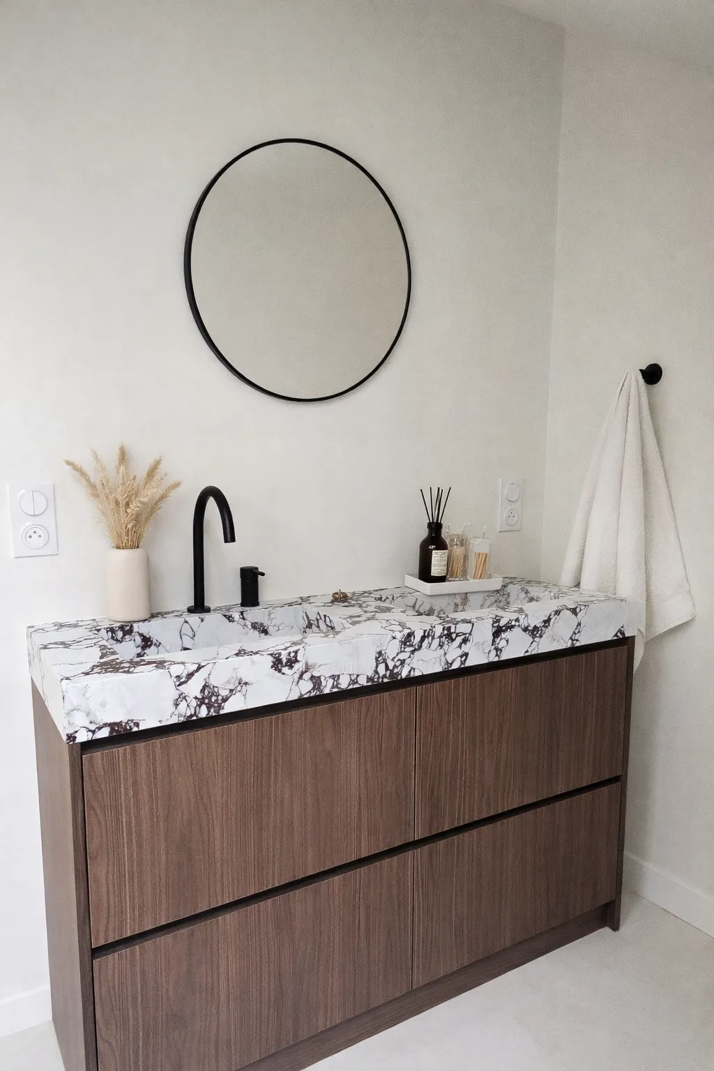 Meuble salle de bain quartz et bois