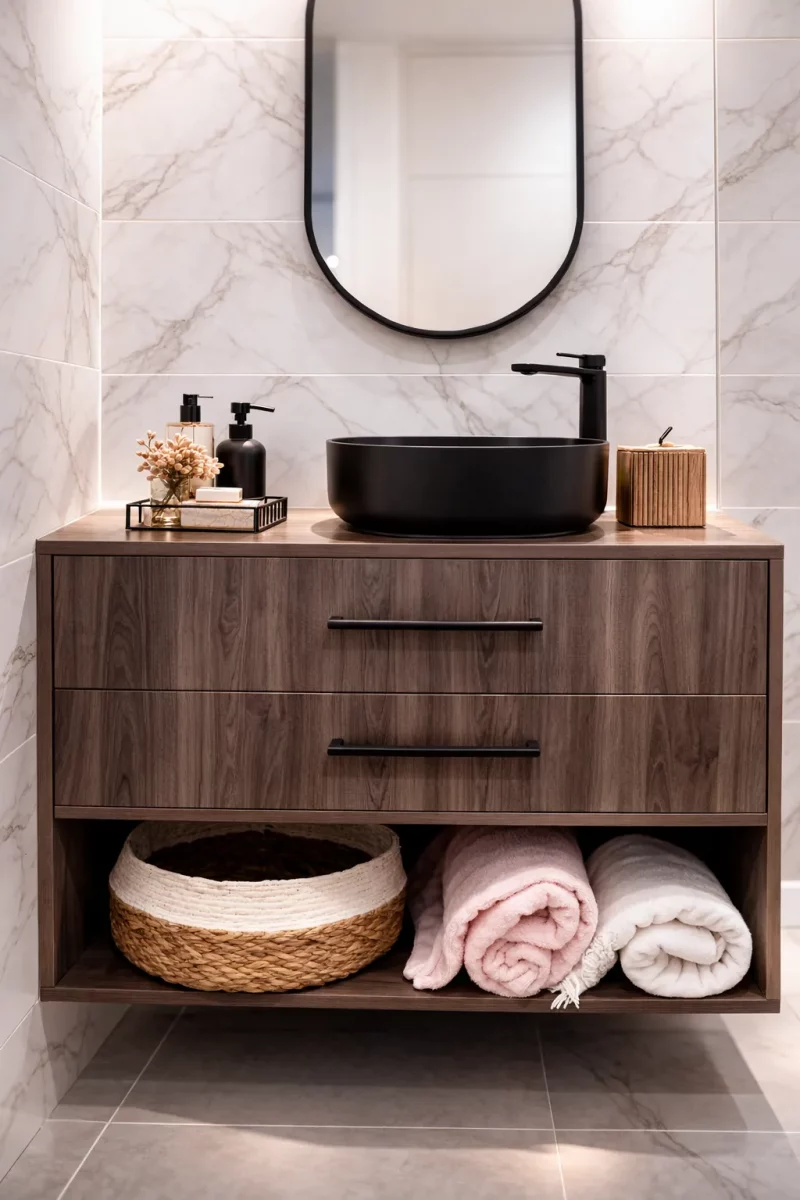 Détail meuble de salle de bain suspendu
