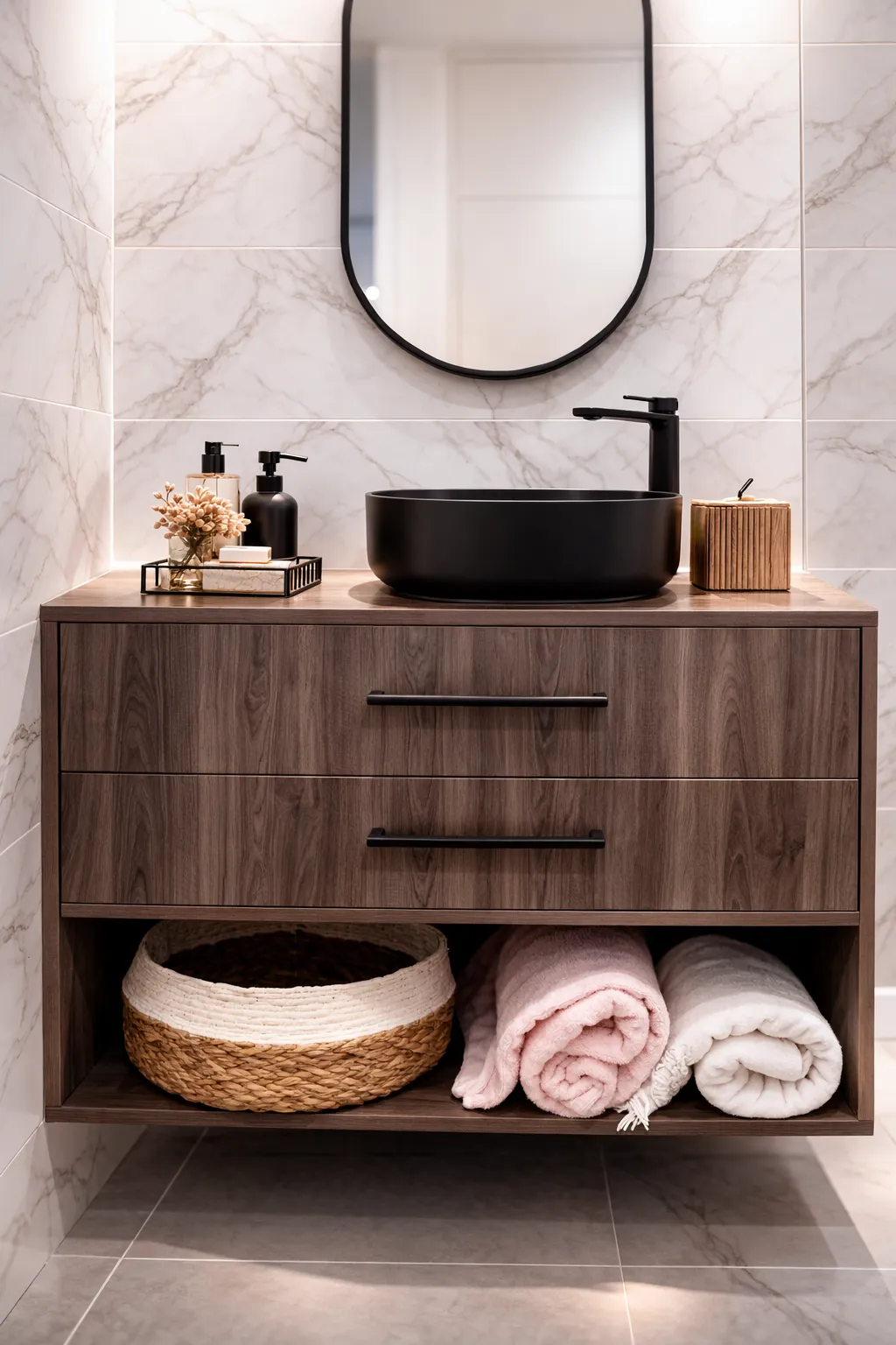 Détail meuble de salle de bain suspendu